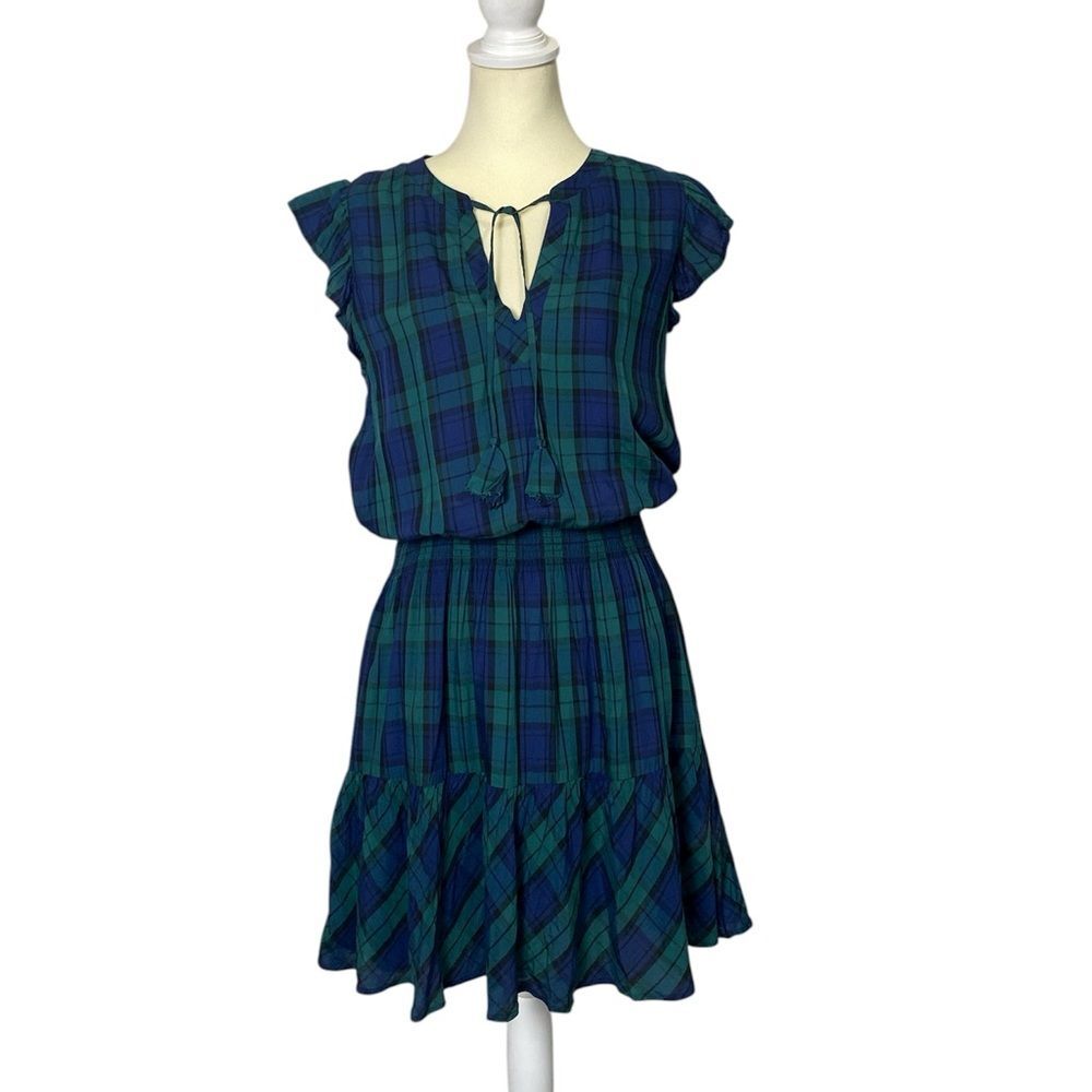 Vineyard Vines Blue & Green Plaid Ruffle Tiered Popover Dress Women's Size Small